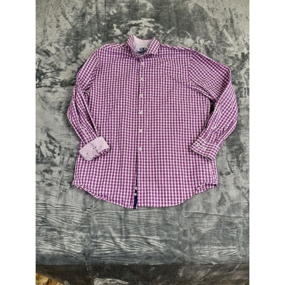Michelsons Of London Purple & White Gingham Long-Sleeve Button-Down Shirt L Mens